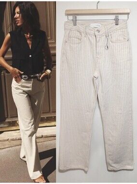Zara | High-waisted striped straight-leg jeans